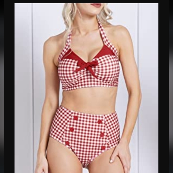 DRESSFO Other - NWOT DRESSFO Red Gingham Bikini Set Halter High Waisted Plaid Retro Sz XL